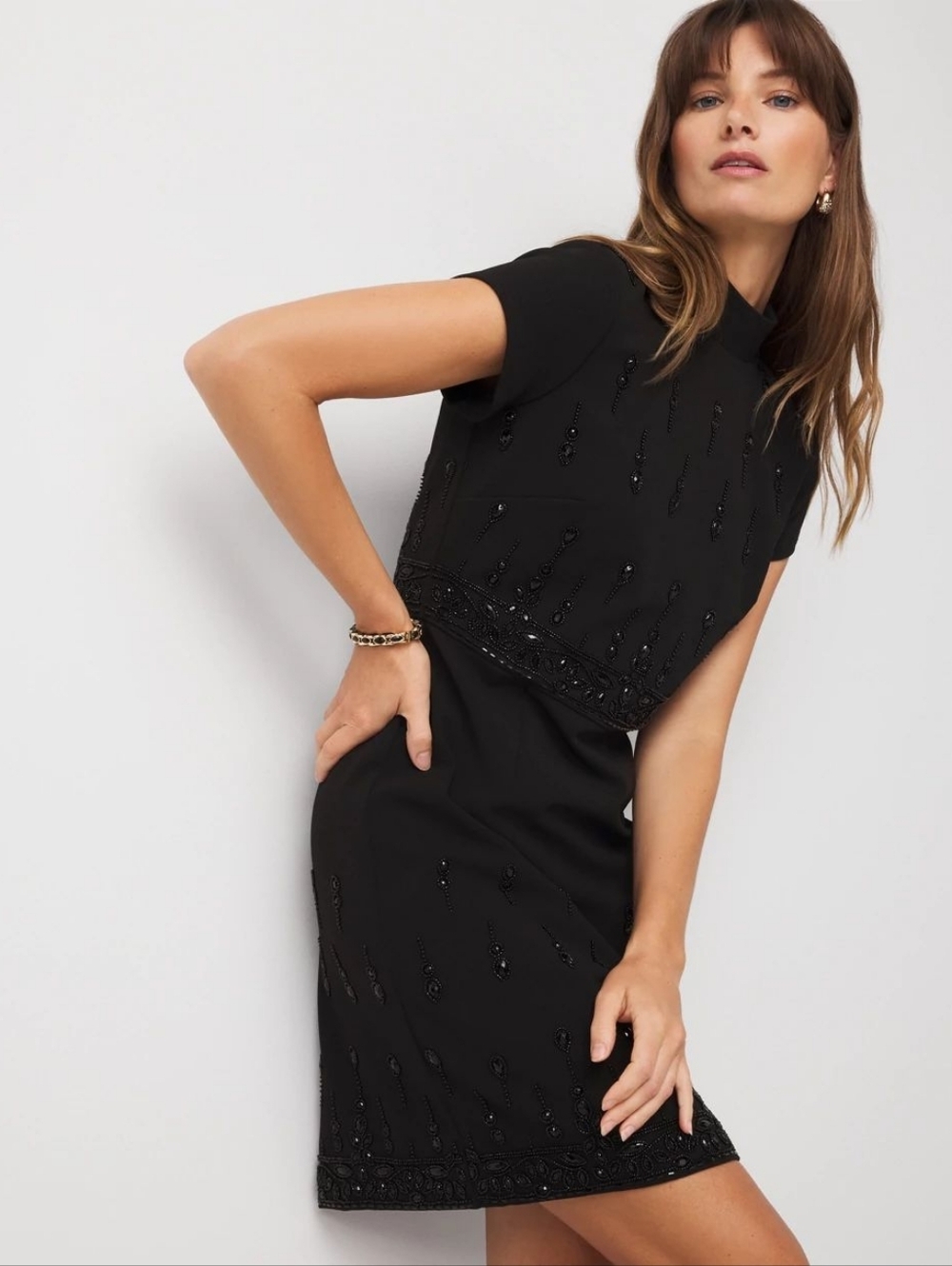 NWT White House Black Market Size 10 Mockneck Embellished Black Crepe Dress